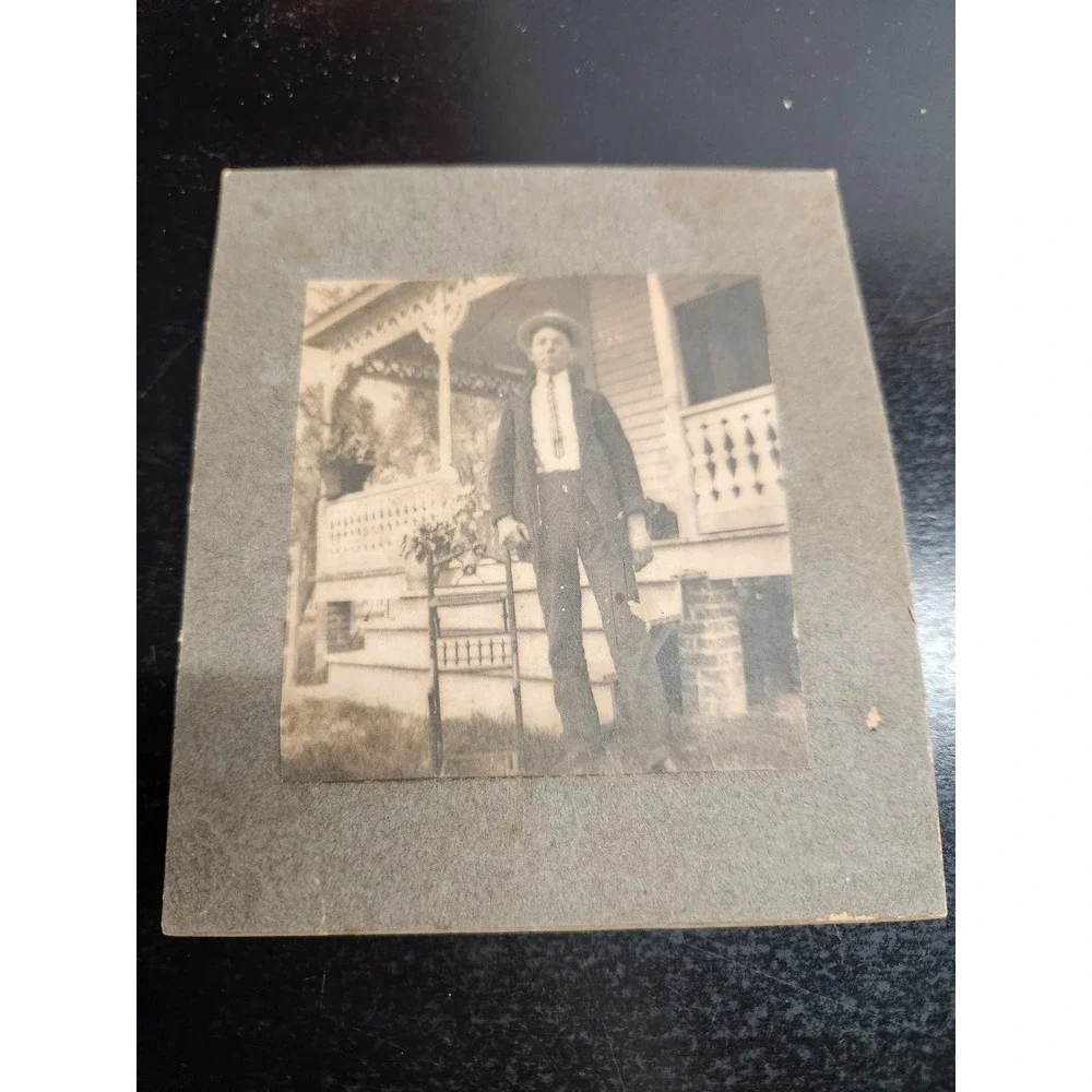Antique Mounted Photo Man with Cane on Porch House Snapshot Americana 1910s